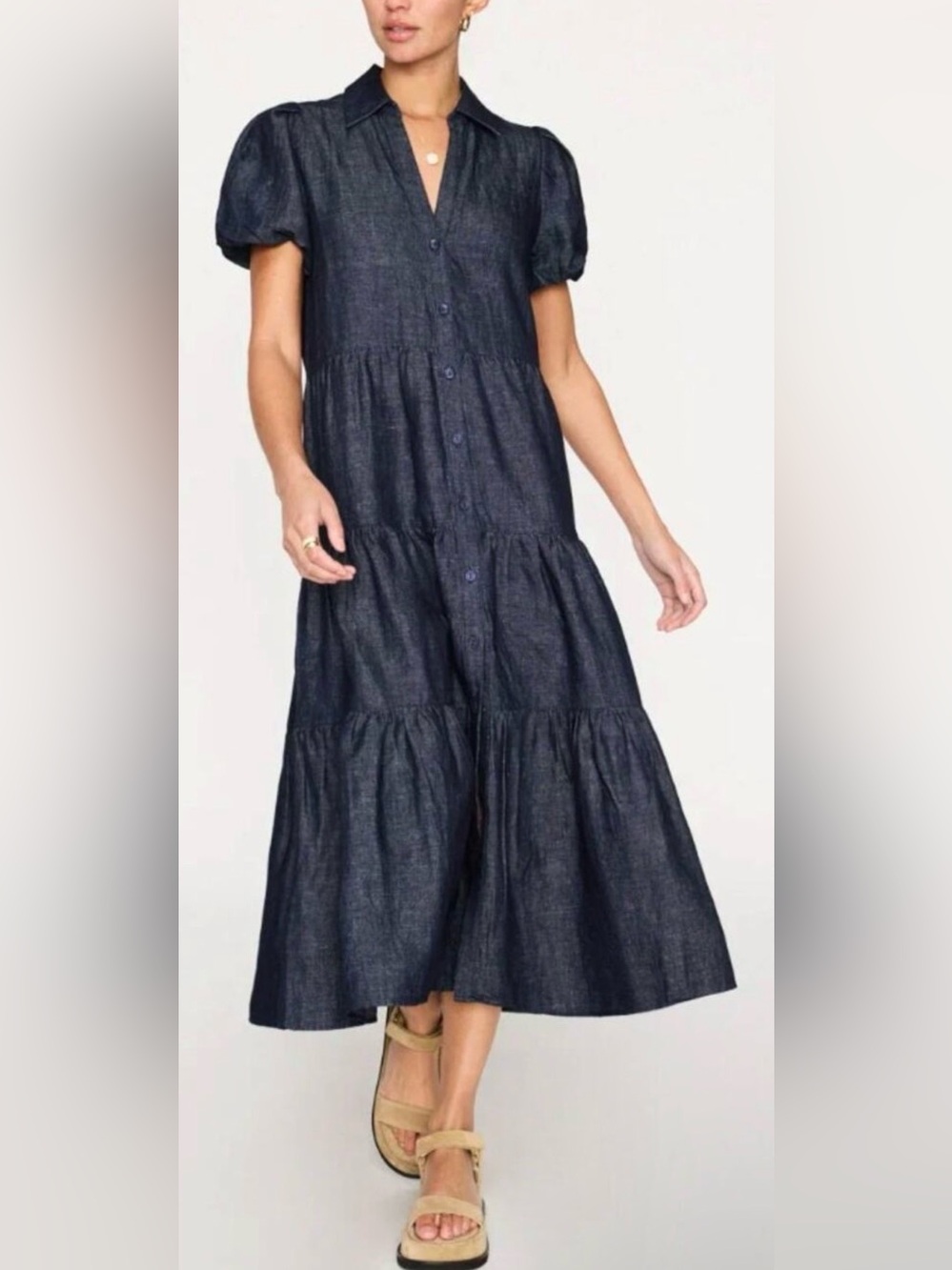 Brochu Walker Small Havana Indigo Denim Cotton Linen Tiered Maxi Shirt Dress